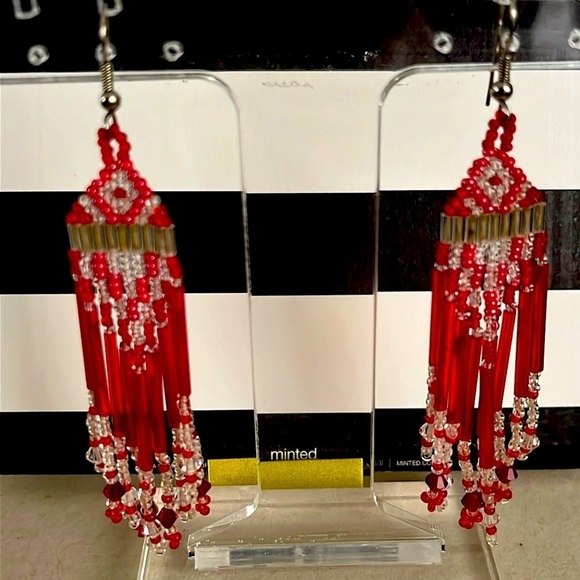 Aztec Style Artisan Beaded Earrings Southwest Long Fringe Tassel Dangle Drops - Picture 3 of 4